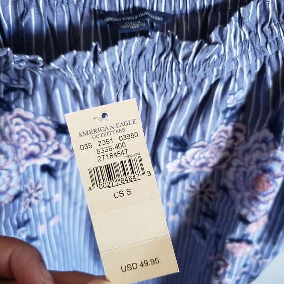 American Eagle Off the Shoulder Top Sz S Nautical Stripe Coastal Embroidery NEW - Picture 8 of 10